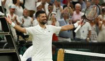 Novak Djokovic celebrates a win over Felix Auger-Aliassime at the 2026 Wimbledon Championships.